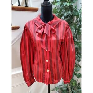 Vintage Lady Manhattan Red 100% Polyester Button Front Long Sleeve Top Blouse 18